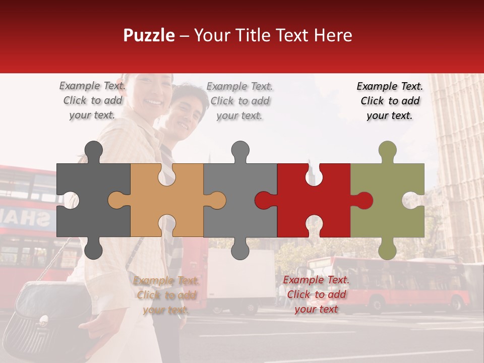 A Man And A Woman Standing In Front Of A Red Double Decker Bus PowerPoint Template