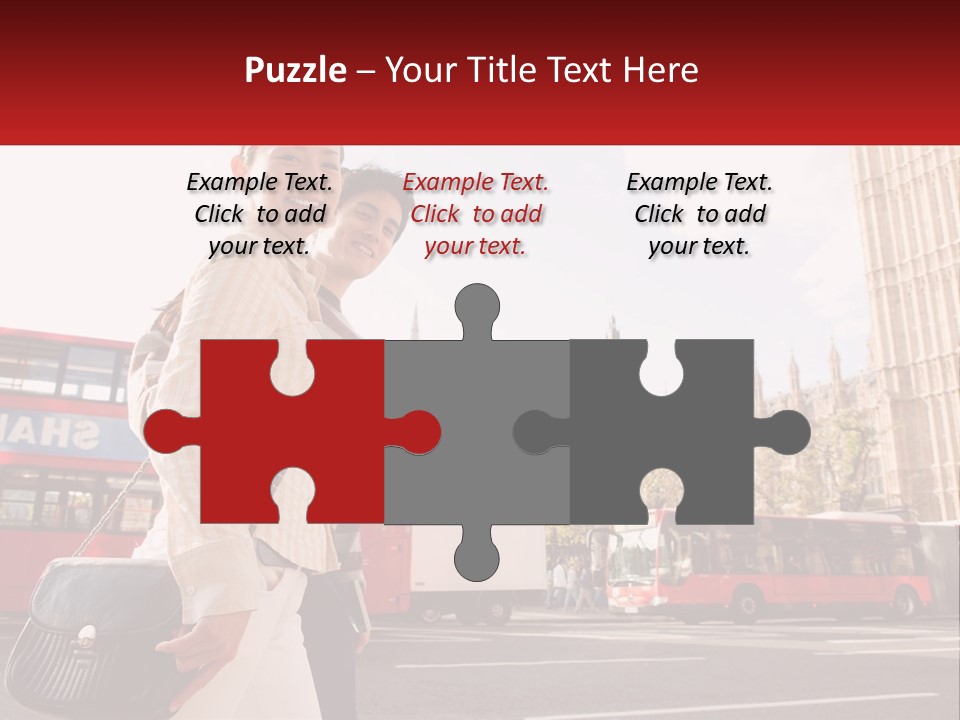 A Man And A Woman Standing In Front Of A Red Double Decker Bus PowerPoint Template