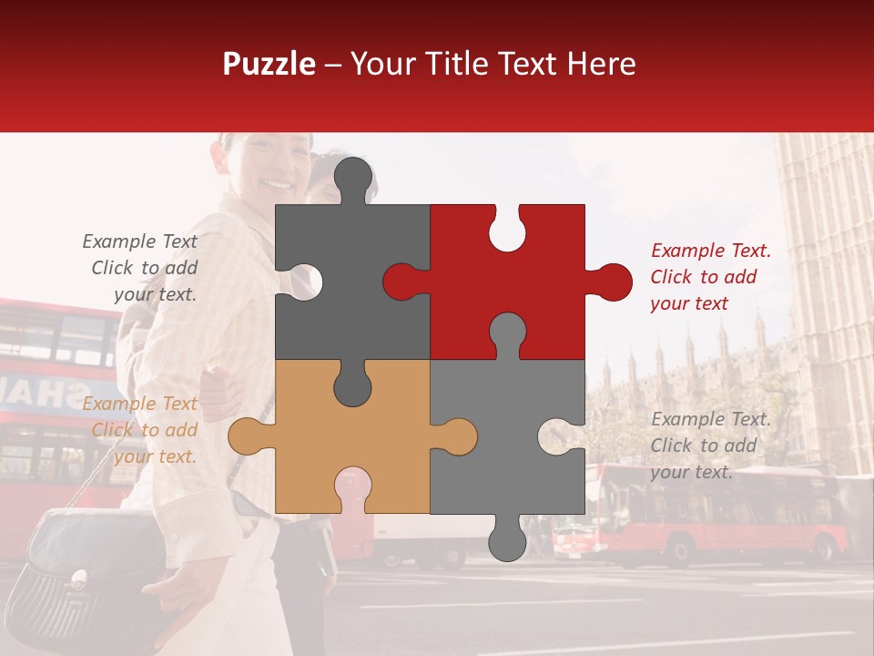 A Man And A Woman Standing In Front Of A Red Double Decker Bus PowerPoint Template