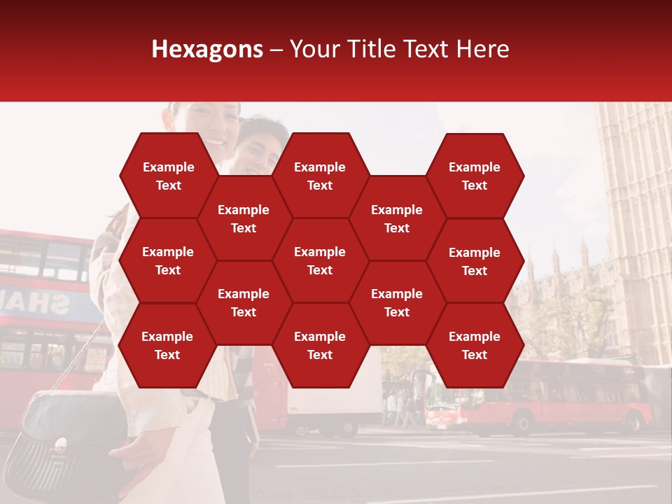 A Man And A Woman Standing In Front Of A Red Double Decker Bus PowerPoint Template