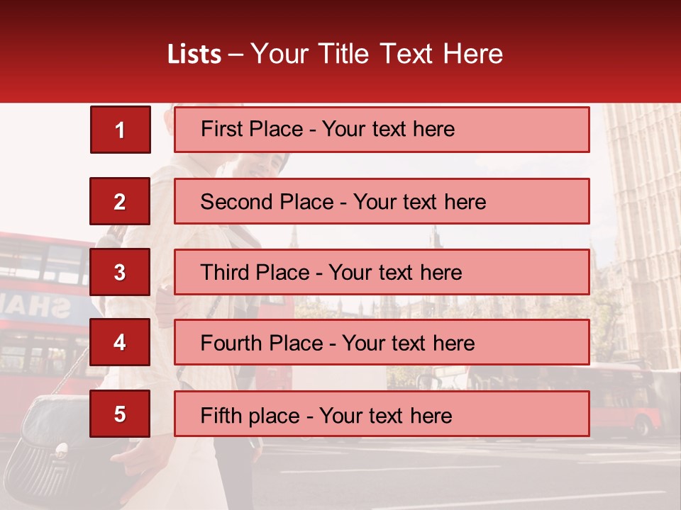 A Man And A Woman Standing In Front Of A Red Double Decker Bus PowerPoint Template