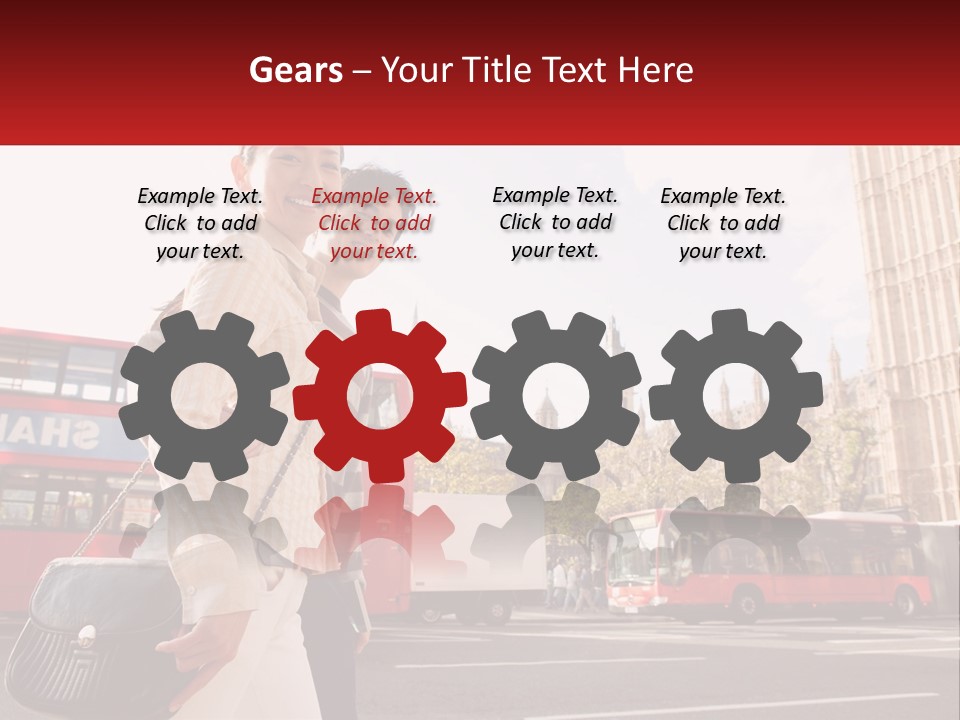 A Man And A Woman Standing In Front Of A Red Double Decker Bus PowerPoint Template