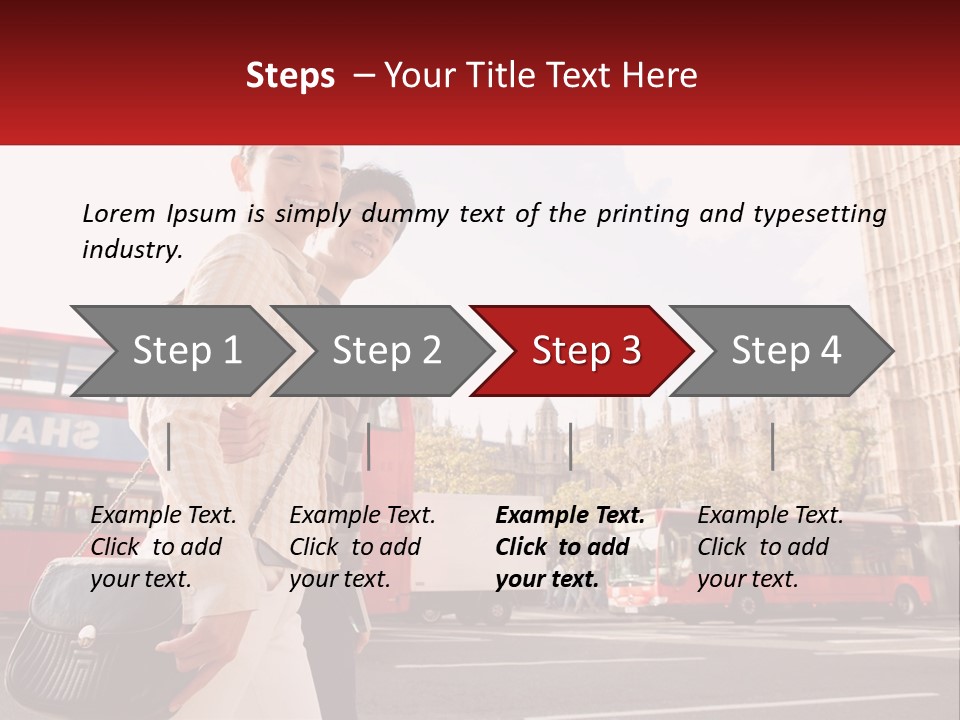 A Man And A Woman Standing In Front Of A Red Double Decker Bus PowerPoint Template