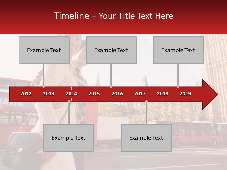 A Man And A Woman Standing In Front Of A Red Double Decker Bus PowerPoint Template