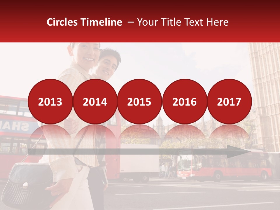 A Man And A Woman Standing In Front Of A Red Double Decker Bus PowerPoint Template