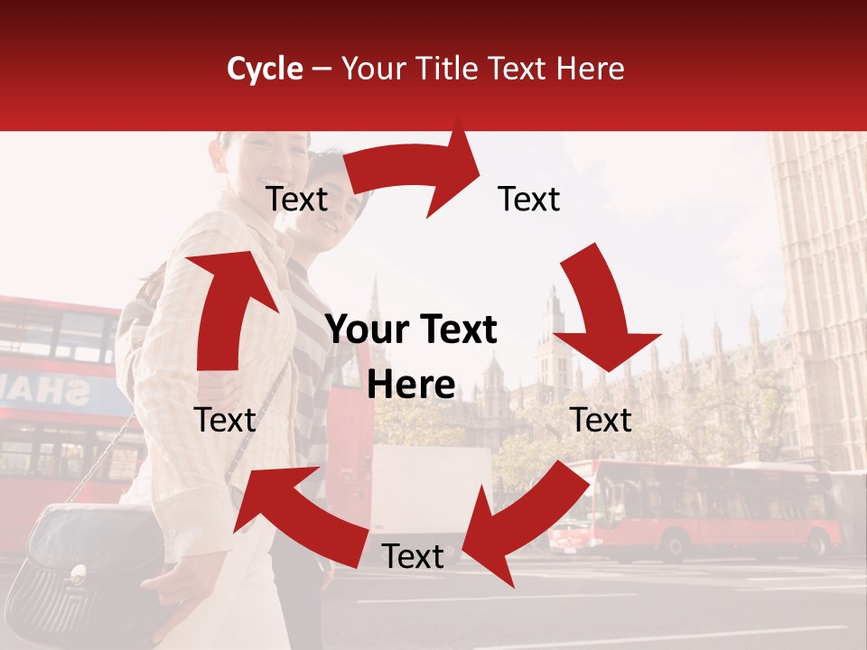 A Man And A Woman Standing In Front Of A Red Double Decker Bus PowerPoint Template