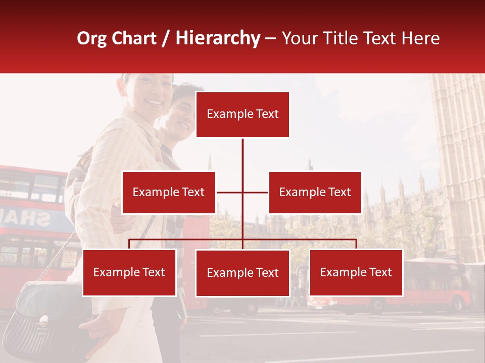 A Man And A Woman Standing In Front Of A Red Double Decker Bus PowerPoint Template