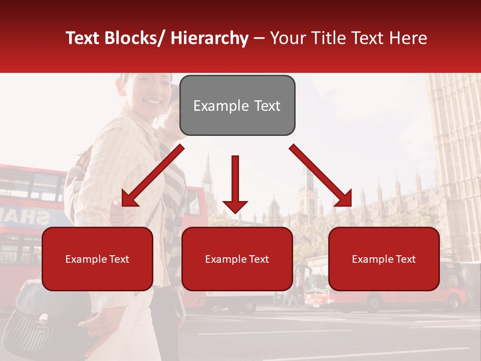 A Man And A Woman Standing In Front Of A Red Double Decker Bus PowerPoint Template