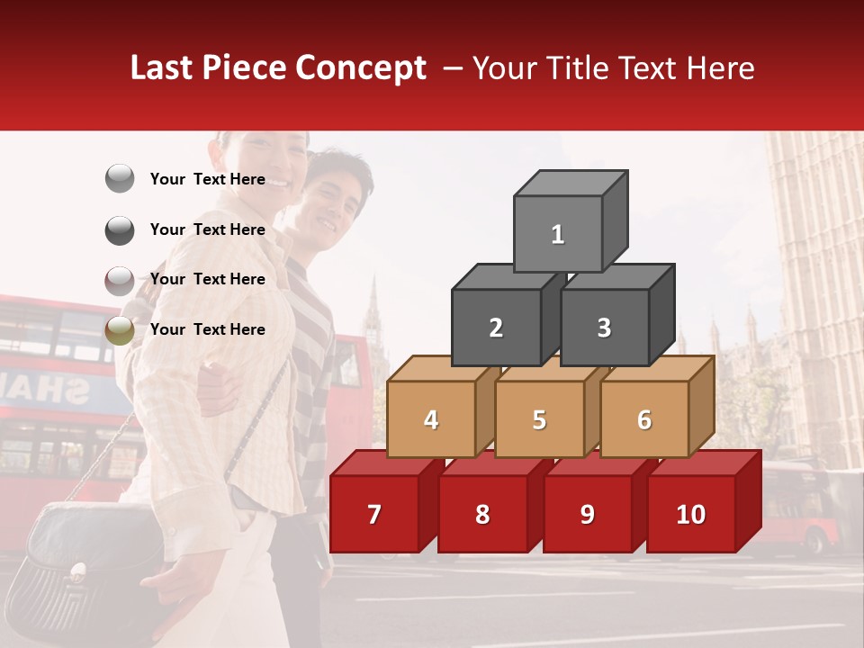 A Man And A Woman Standing In Front Of A Red Double Decker Bus PowerPoint Template