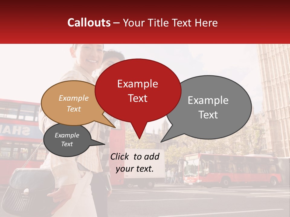 A Man And A Woman Standing In Front Of A Red Double Decker Bus PowerPoint Template