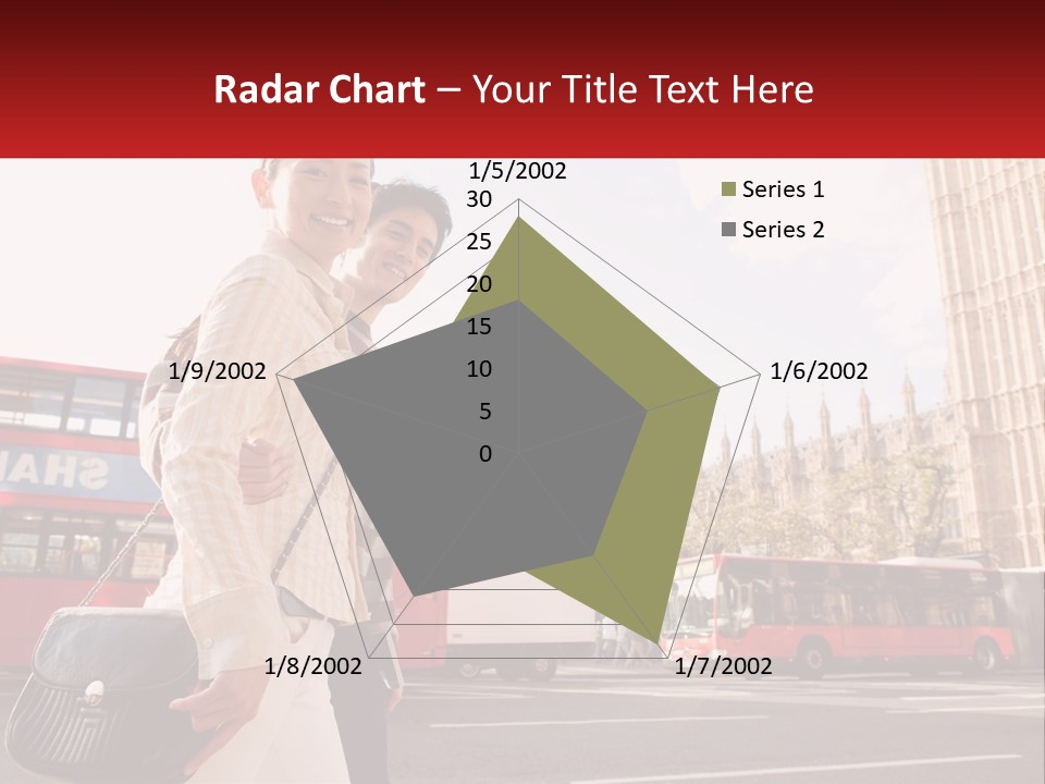 A Man And A Woman Standing In Front Of A Red Double Decker Bus PowerPoint Template