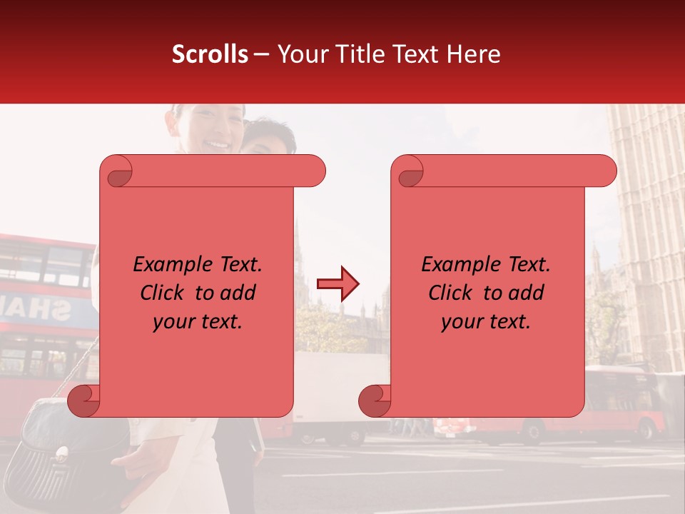 A Man And A Woman Standing In Front Of A Red Double Decker Bus PowerPoint Template