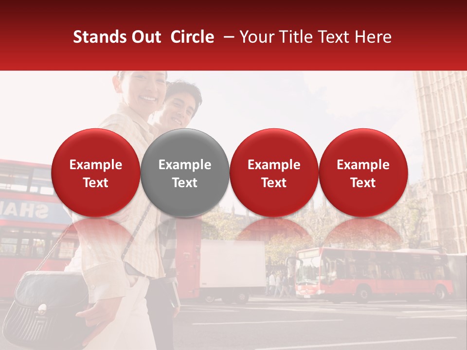 A Man And A Woman Standing In Front Of A Red Double Decker Bus PowerPoint Template