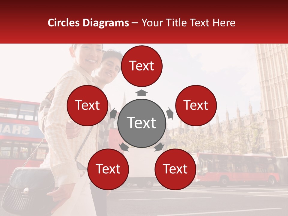 A Man And A Woman Standing In Front Of A Red Double Decker Bus PowerPoint Template