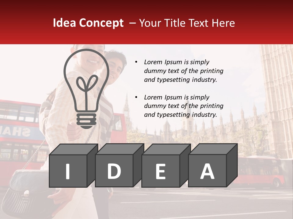 A Man And A Woman Standing In Front Of A Red Double Decker Bus PowerPoint Template