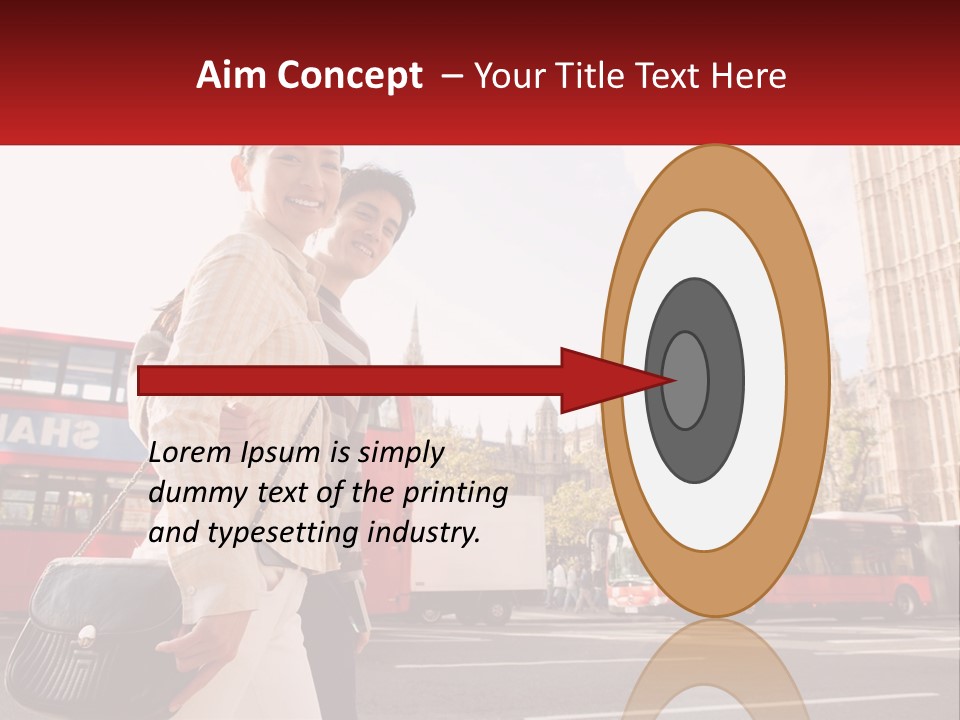 A Man And A Woman Standing In Front Of A Red Double Decker Bus PowerPoint Template