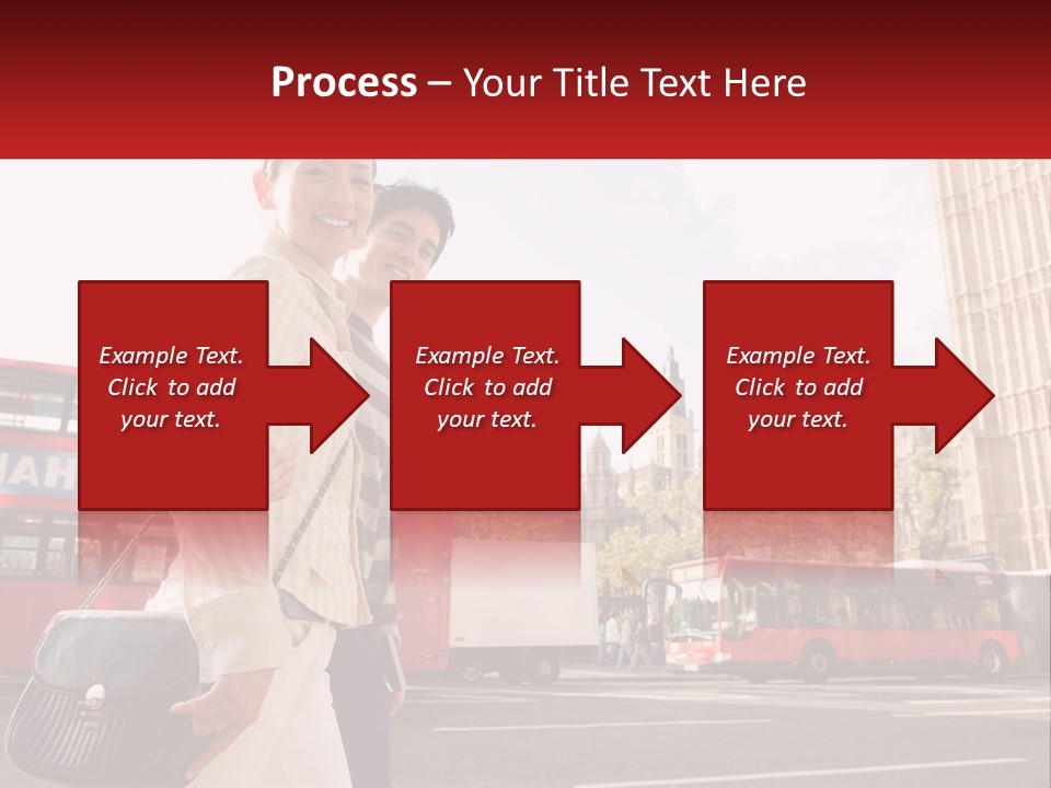 A Man And A Woman Standing In Front Of A Red Double Decker Bus PowerPoint Template