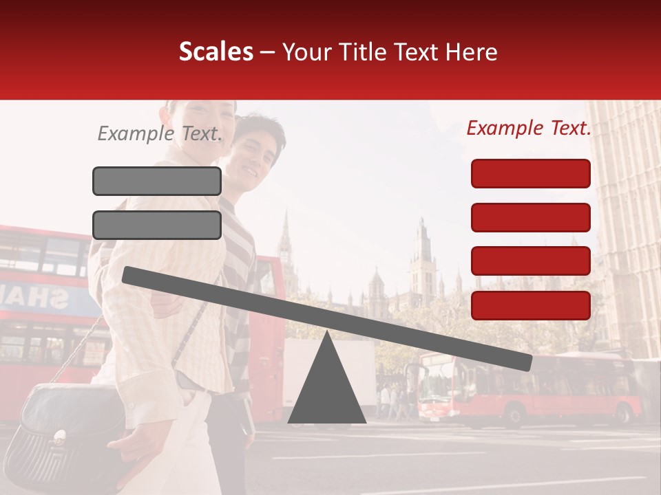 A Man And A Woman Standing In Front Of A Red Double Decker Bus PowerPoint Template