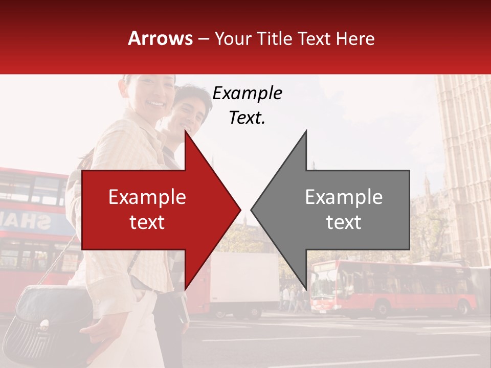 A Man And A Woman Standing In Front Of A Red Double Decker Bus PowerPoint Template