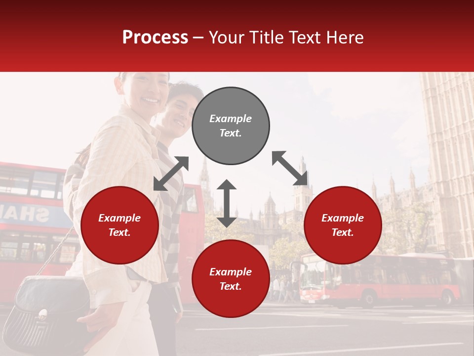 A Man And A Woman Standing In Front Of A Red Double Decker Bus PowerPoint Template