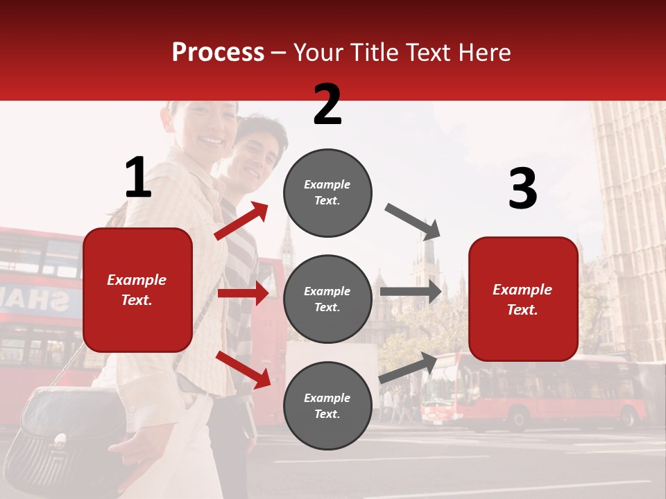 A Man And A Woman Standing In Front Of A Red Double Decker Bus PowerPoint Template