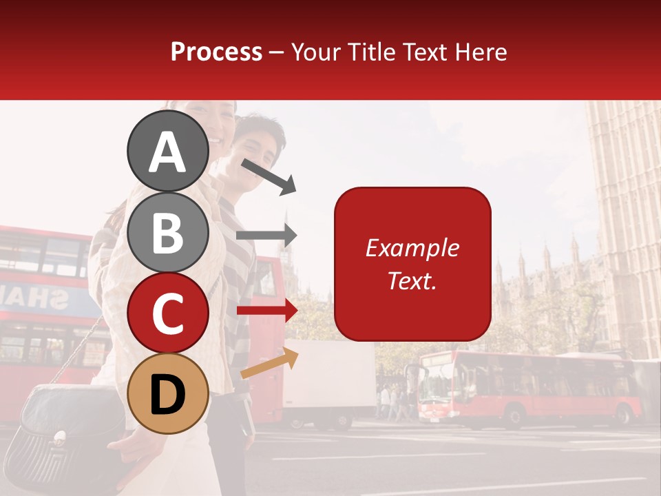 A Man And A Woman Standing In Front Of A Red Double Decker Bus PowerPoint Template