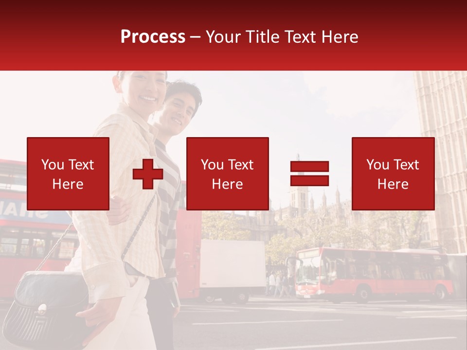 A Man And A Woman Standing In Front Of A Red Double Decker Bus PowerPoint Template