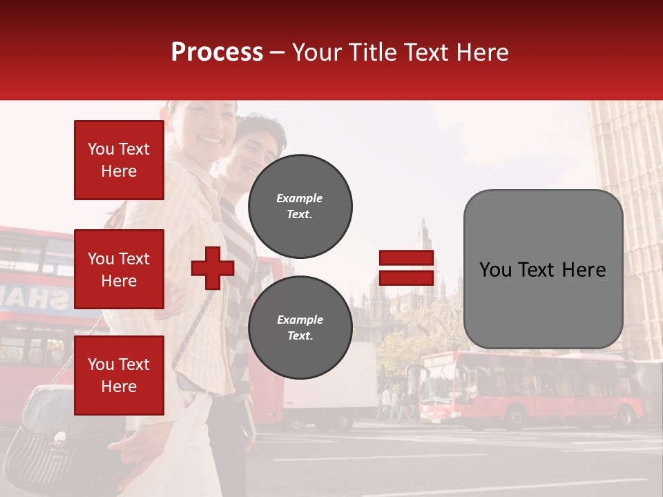A Man And A Woman Standing In Front Of A Red Double Decker Bus PowerPoint Template