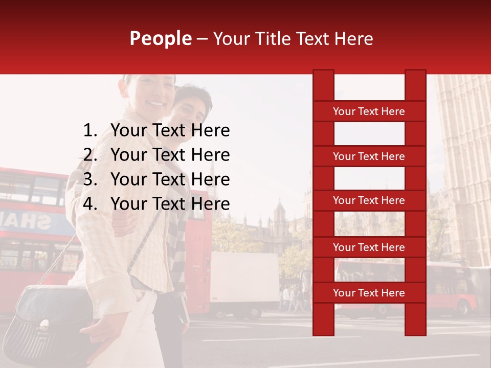 A Man And A Woman Standing In Front Of A Red Double Decker Bus PowerPoint Template