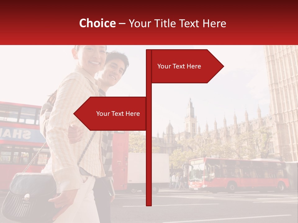 A Man And A Woman Standing In Front Of A Red Double Decker Bus PowerPoint Template