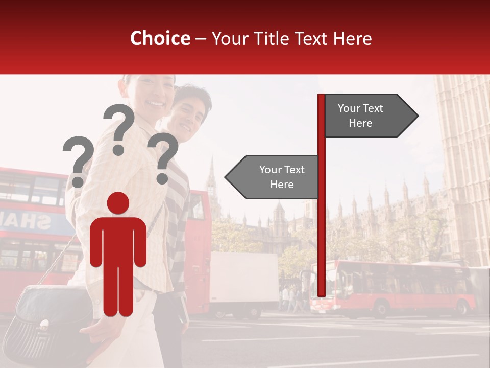 A Man And A Woman Standing In Front Of A Red Double Decker Bus PowerPoint Template