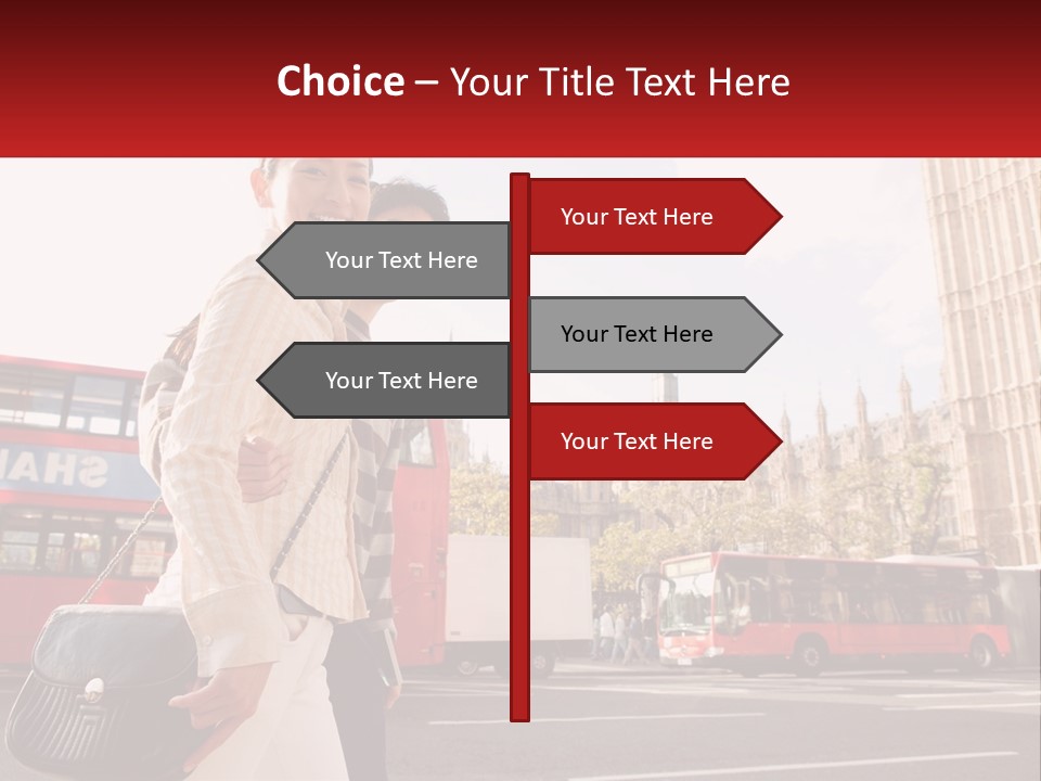 A Man And A Woman Standing In Front Of A Red Double Decker Bus PowerPoint Template