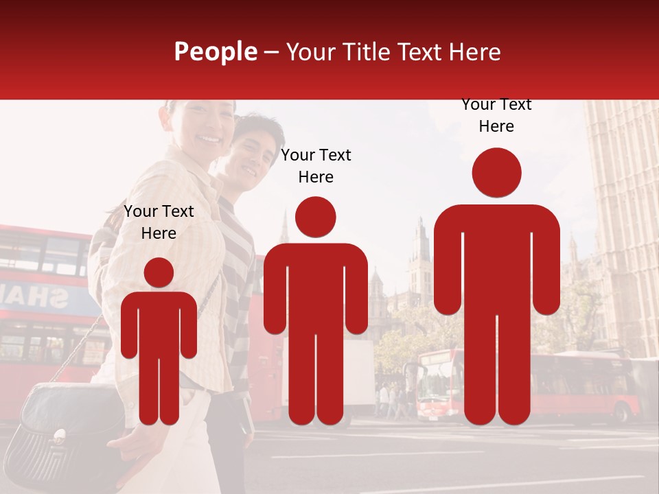 A Man And A Woman Standing In Front Of A Red Double Decker Bus PowerPoint Template