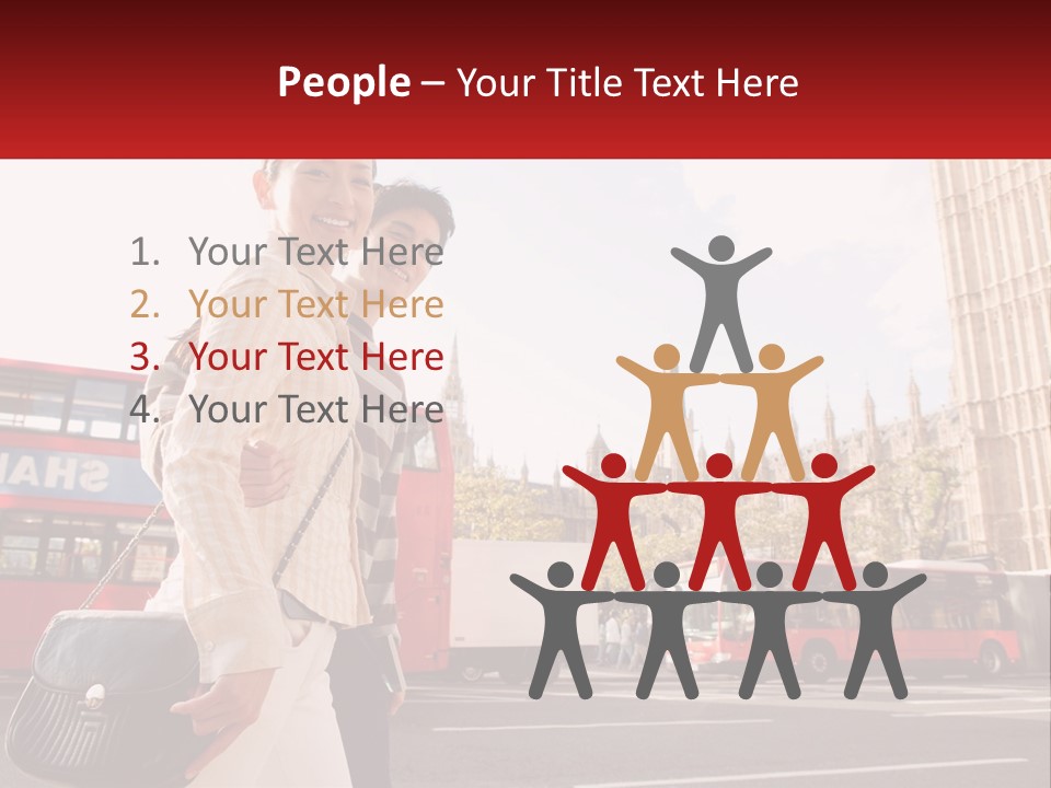 A Man And A Woman Standing In Front Of A Red Double Decker Bus PowerPoint Template