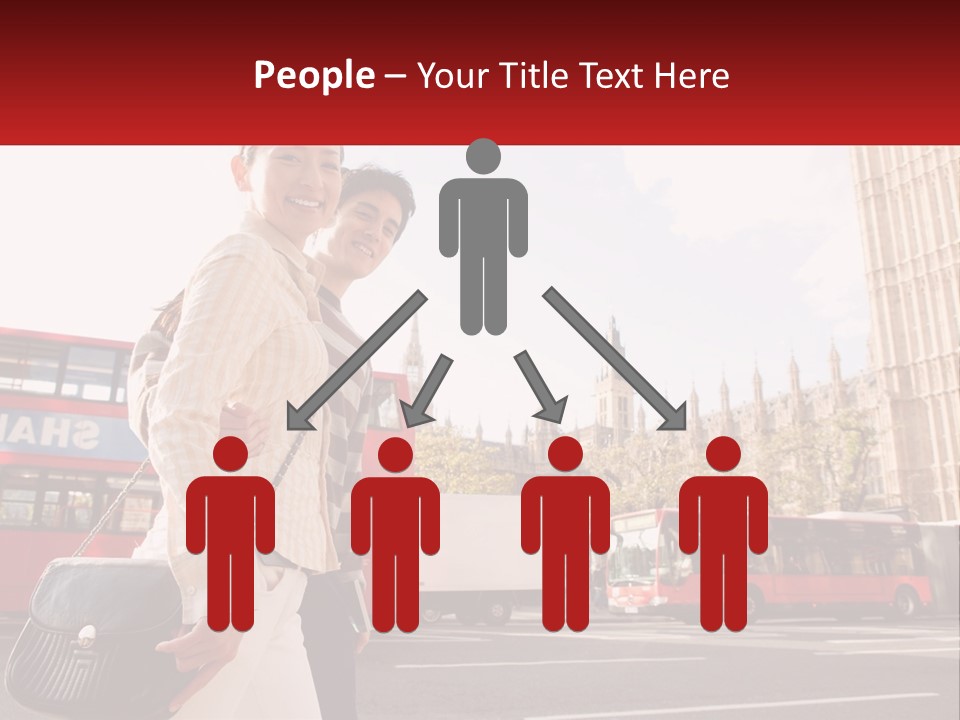 A Man And A Woman Standing In Front Of A Red Double Decker Bus PowerPoint Template