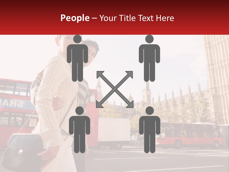 A Man And A Woman Standing In Front Of A Red Double Decker Bus PowerPoint Template