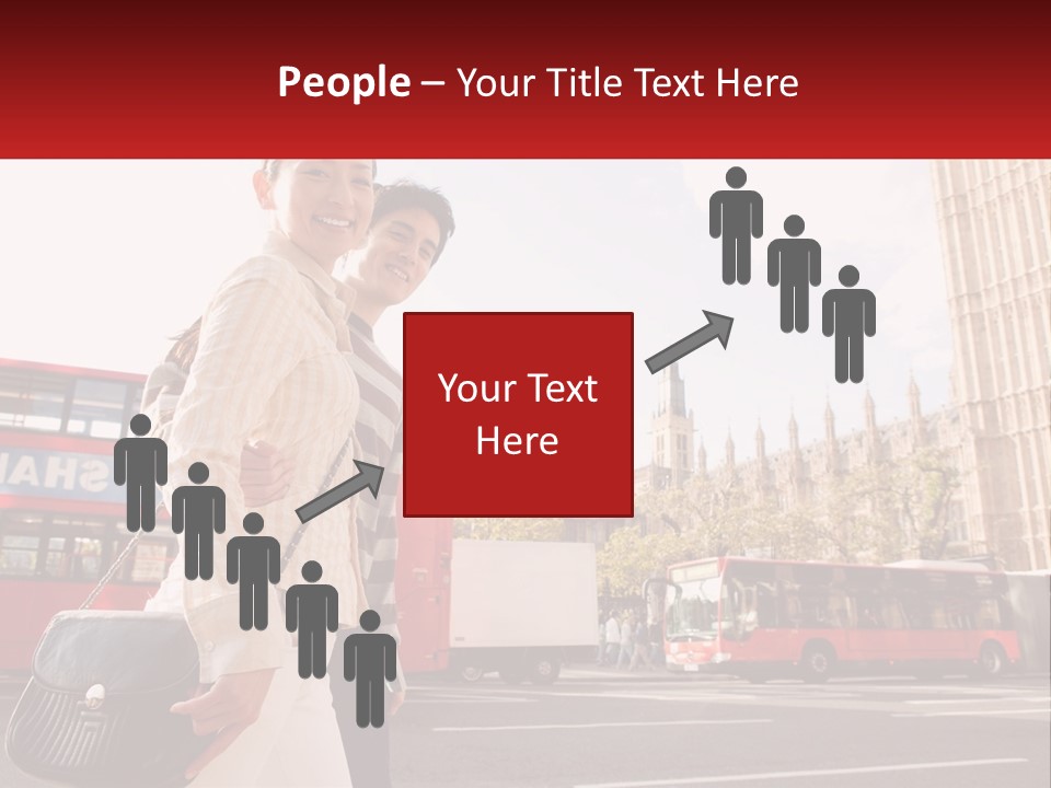 A Man And A Woman Standing In Front Of A Red Double Decker Bus PowerPoint Template