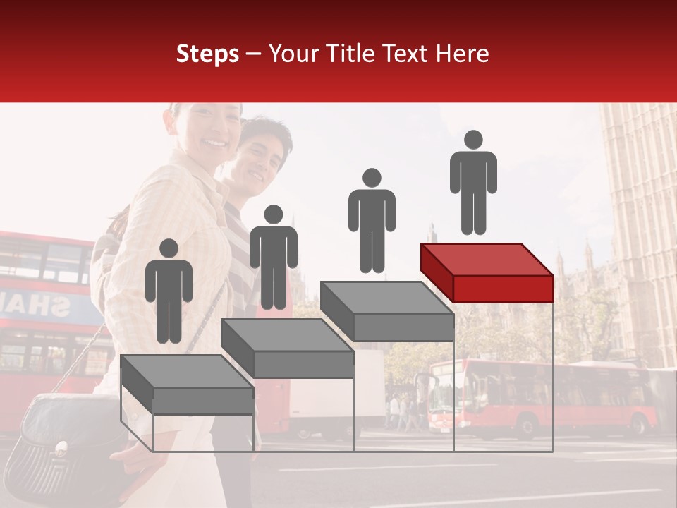 A Man And A Woman Standing In Front Of A Red Double Decker Bus PowerPoint Template