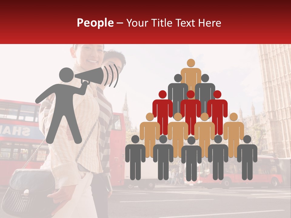 A Man And A Woman Standing In Front Of A Red Double Decker Bus PowerPoint Template
