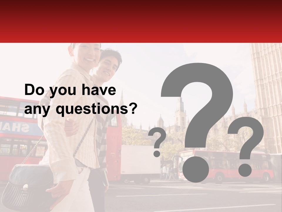 A Man And A Woman Standing In Front Of A Red Double Decker Bus PowerPoint Template