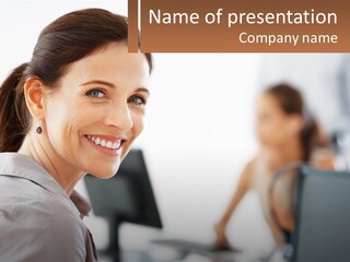 A Woman Smiling In Front Of A Laptop Computer PowerPoint Template