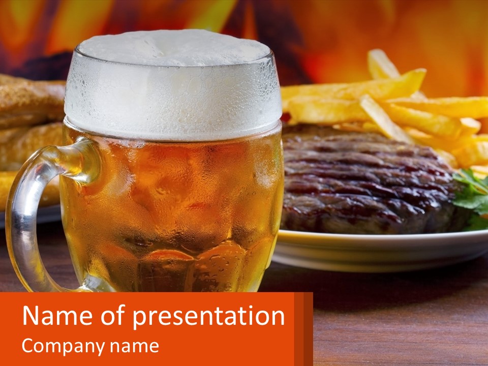 A Plate Of Food And A Glass Of Beer On A Table PowerPoint Template