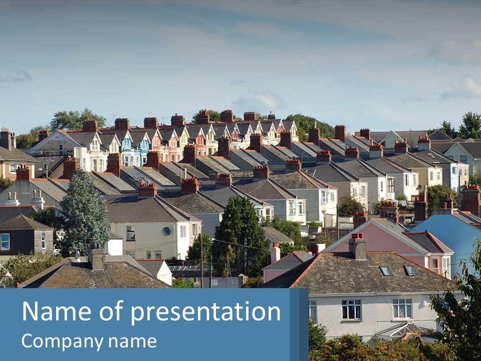 A Large Group Of Houses With A Blue Sign In Front Of Them PowerPoint Template