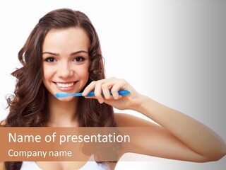 A Woman Brushing Her Teeth With A Blue Toothbrush PowerPoint Template