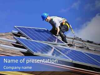 A Man On Top Of A Roof Working On A Solar Panel PowerPoint Template