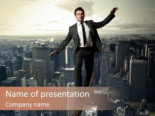 A Man In A Suit Jumping Over A City PowerPoint Template