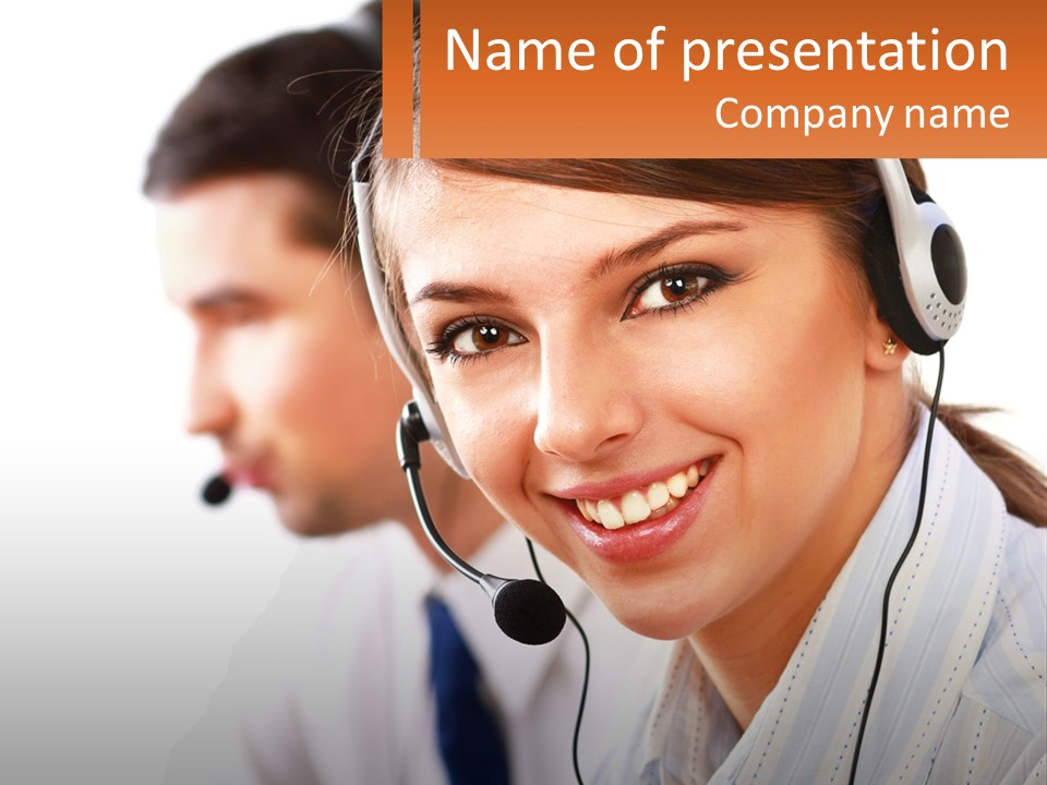 A Woman Wearing A Headset With A Man In The Background PowerPoint Template