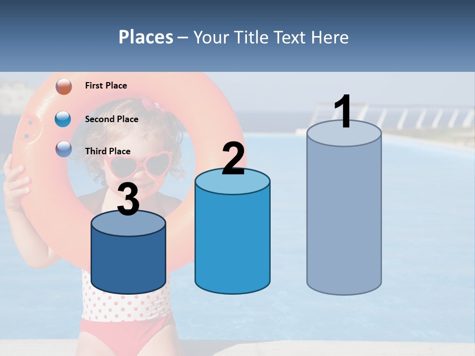 A Little Girl Holding An Orange Life Preserver In Front Of A Swimming Pool PowerPoint Template