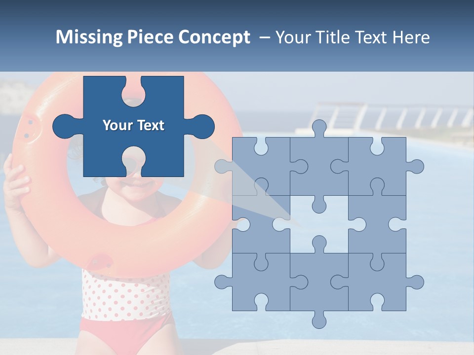 A Little Girl Holding An Orange Life Preserver In Front Of A Swimming Pool PowerPoint Template