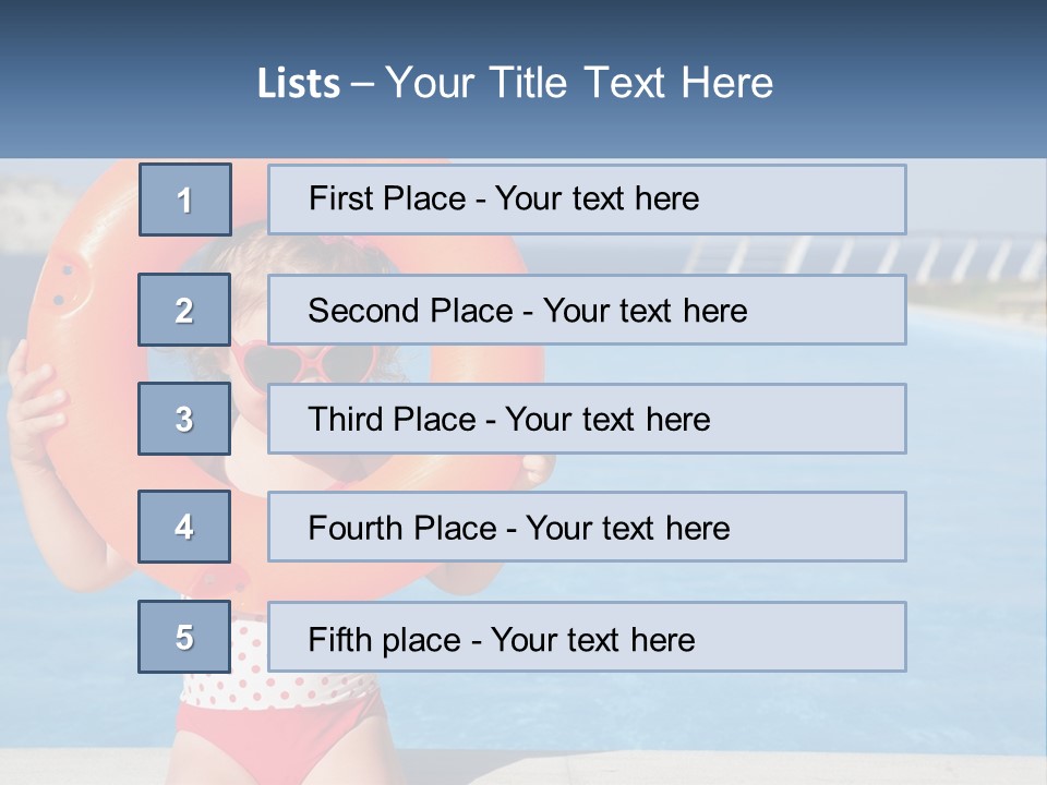 A Little Girl Holding An Orange Life Preserver In Front Of A Swimming Pool PowerPoint Template